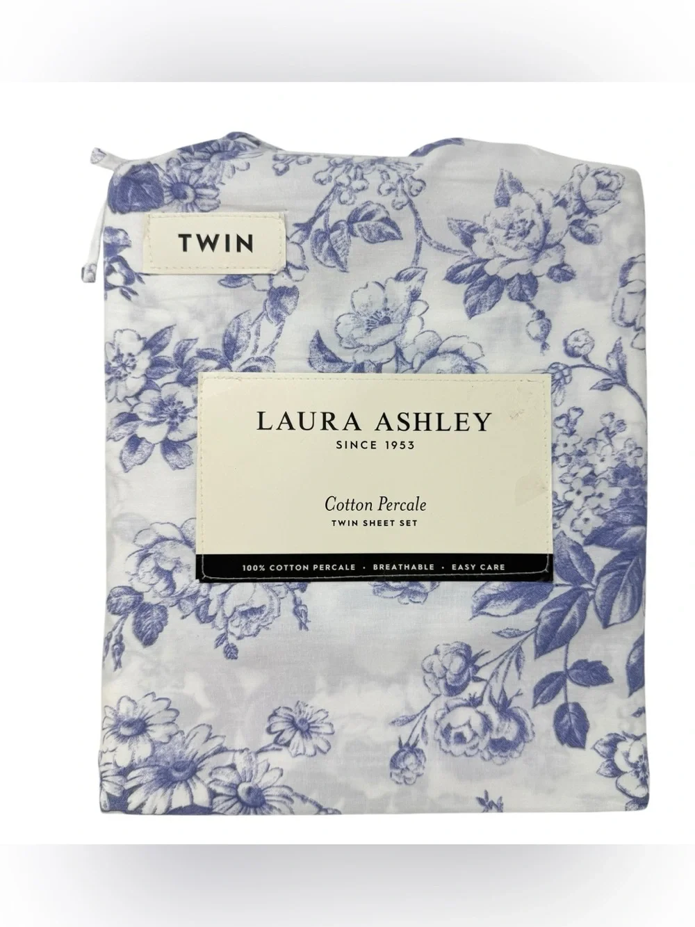 Laura Ashley twin sheet set Cotton percale Floral periwinkle blue purple New